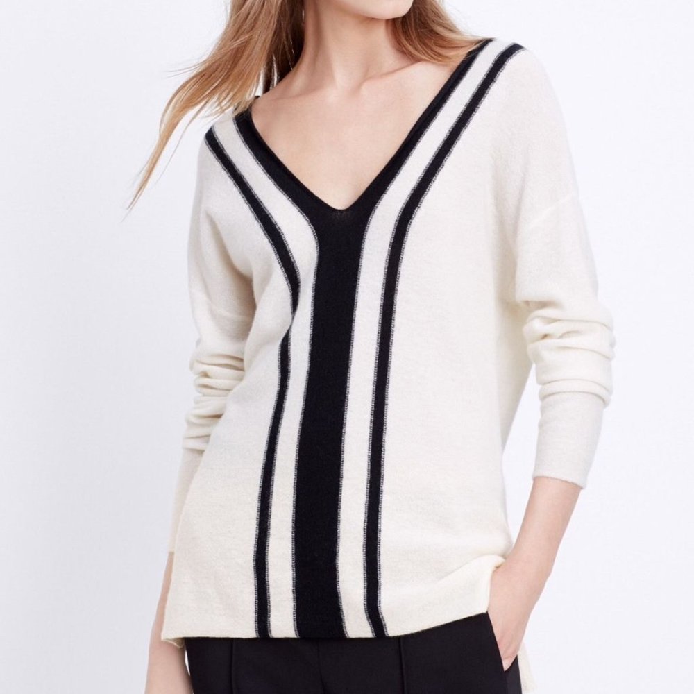 Vince Cashmere Colorblock Stripe V-Neck Varsity Sweater